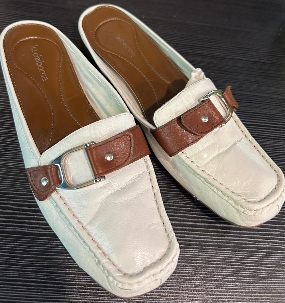 Liz Claiborne White Leather Mule Loafers Preppy Brown Buckle Slip On Shoes 9M